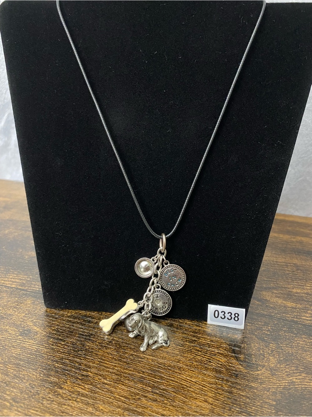 Silver Dog Charm Pendant Necklace with Bone Accent - Black Cord
